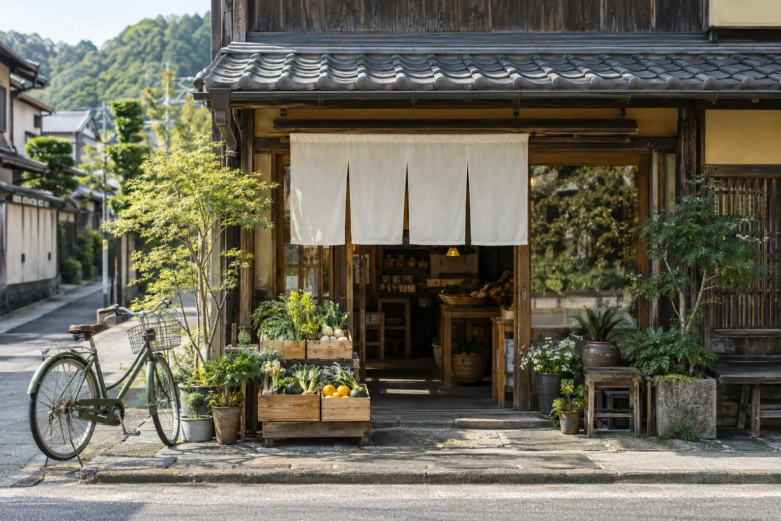 日本の静かな町並みにある架空の食料品店の外観