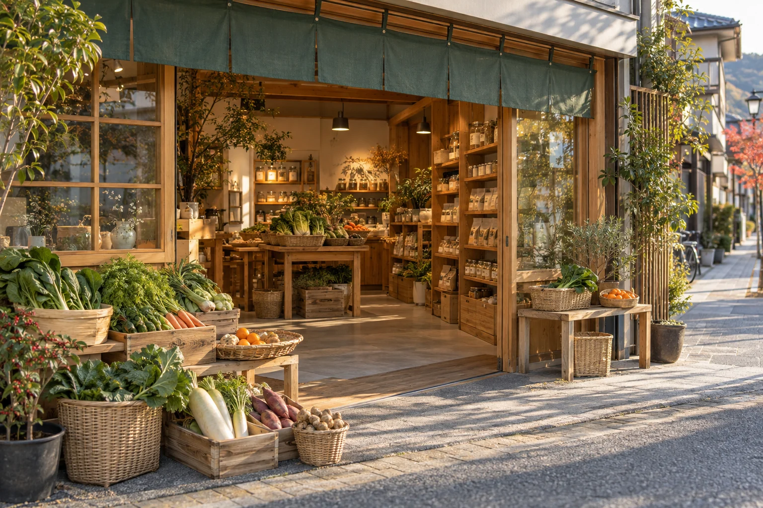日本の静かな商店街にある、木の温もりを感じる架空の食料品店